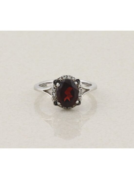 Unbranded Jewelry - Sterling Silver Natural Garnet, Black Diamond, White Diamond Ring Size 7 1/4